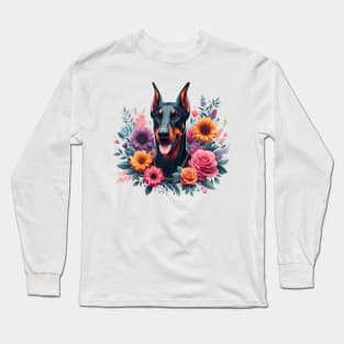 A doberman with beautiful colorful flowers Long Sleeve T-Shirt